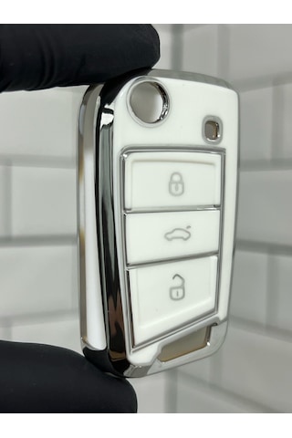 Volkswagen Troc Taigo Polo Golf Tiguan Uyumlu Anahtar Kılıfı Beyaz - Gümüş