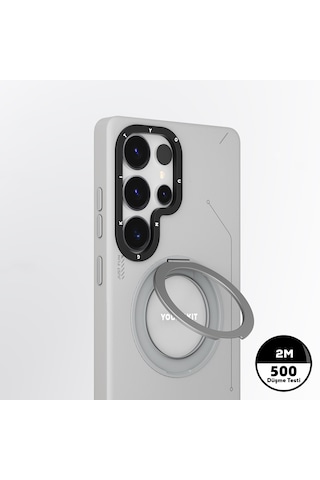 Galaxy S25 Ultra Kılıf Magsafe Uyumlu 360 Standlı Mat Deri Youngkit Tech Leather Kapak Gri