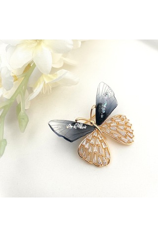 Broş Kadın Altın Kaplama Zirkon Taşlı Kelebek Yaka İğnesi Broş Si Altın - Siyah