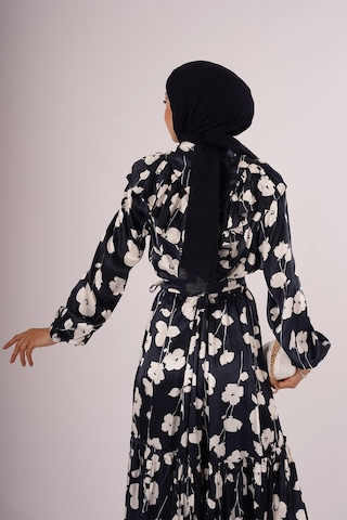 Lacivert Çiçek Motifli Fatma Sezen Elbise Lacivert