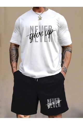 Never Give Up Baskılı Özel Tasarım Oversize Alt Üst Takım Beyaz