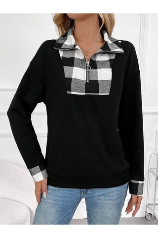Reka Moda Kadın Uzun Kollu Yakalı Önden Fermuarlı Ekose Detaylı Viskon Iki Iplik Bluz Siyah