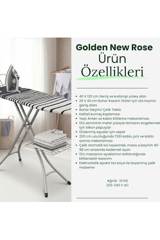 Uykula Evin Golden New Rose Buhar Kazanlı Ütü Masası - 40x120 Cm - Tseli Kablolu Beyaz