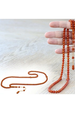 Tesbihname Sıkma Kehribar Namaz Tesbihi - Sistemli - Kahverengi - Özel Kesim