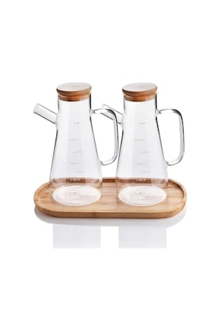 2x900 Ml Standlı Cam Yağlık Seti Sütlük Sosluk Vakumlu Bambu Kapaklı Borosilikat