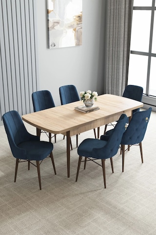 Zümra Serisi, Meşe Desen 80x132 Açılabilir Mdf Mutfak Masası Takımı 6 Adet Sandalye, Lacivert