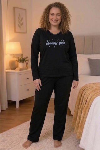 Büyük Beden Kadın Baskılı Kaşkorse Pijama Takımı Siyah
