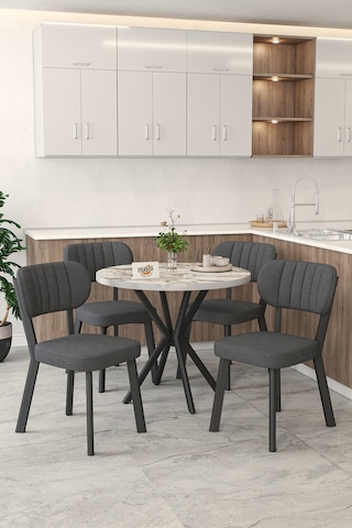 Gnr 90cm Sabit Efes Mutfak Masası Takımı, Yemek Masası, 4 Modern Antrasit Sandalye Antrasit