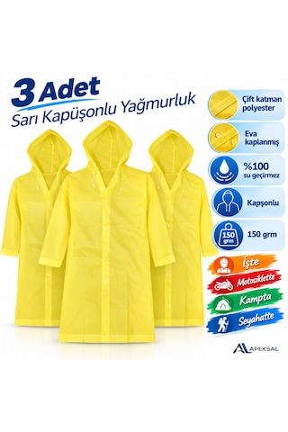 3 Adet Sarı Kapüşonlu Yağmurluk Su Geçirmez İş Kamp Seyahat Motosiklet Acil Durum Şeffaf