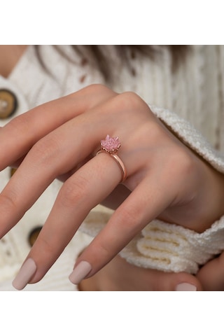 Rose Altın Kaplama Pembe Zirkon Taşlı Lotus Çiçeği Kadın  Yüzük Pembe
