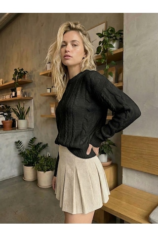 Sayzen Your Shine Saç Örgülü Basic Regular Triko Kazak Sy-2605 Siyah