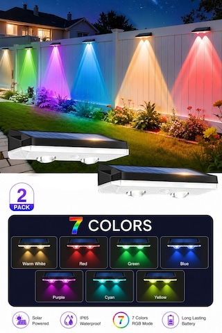 Solar 7 Renkli Rgb Çit Apliği 2 Li Set, Güneş Enerjili Dış Mekan Duvar Lambası, Ip65 Su Geçirmez Bahçe Balkon Teras Aydınlatması