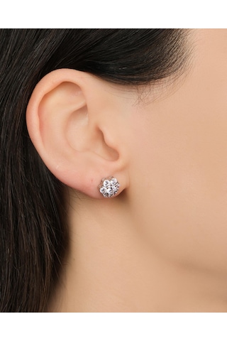 Lekka Design Kadın Kararmaz Çelik Lüks Gümüş Renkli Zirkon Taşlı Çiçek Küpe Gümüş