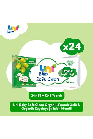 Uni Baby Soft Clean Organik Pamuk Özlü & Organik Zeytinyağlı Islak Mendil 24x52 Adet UNI-9122