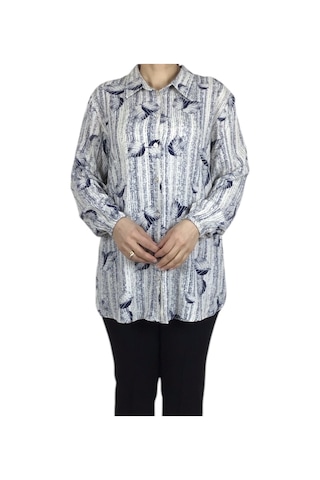 Kadın Önü Düğmeli Kolağzı Lastikli Desenli Gömlek Lacivert