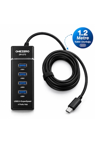 Onezero Zr1272 Type-c Girişli 4 Portlu Usb Hub Çoklayıcı 1x Usb 3.0 + 3x Usb 2.0 1.2 Metre Kablolu Laptop Adaptörü