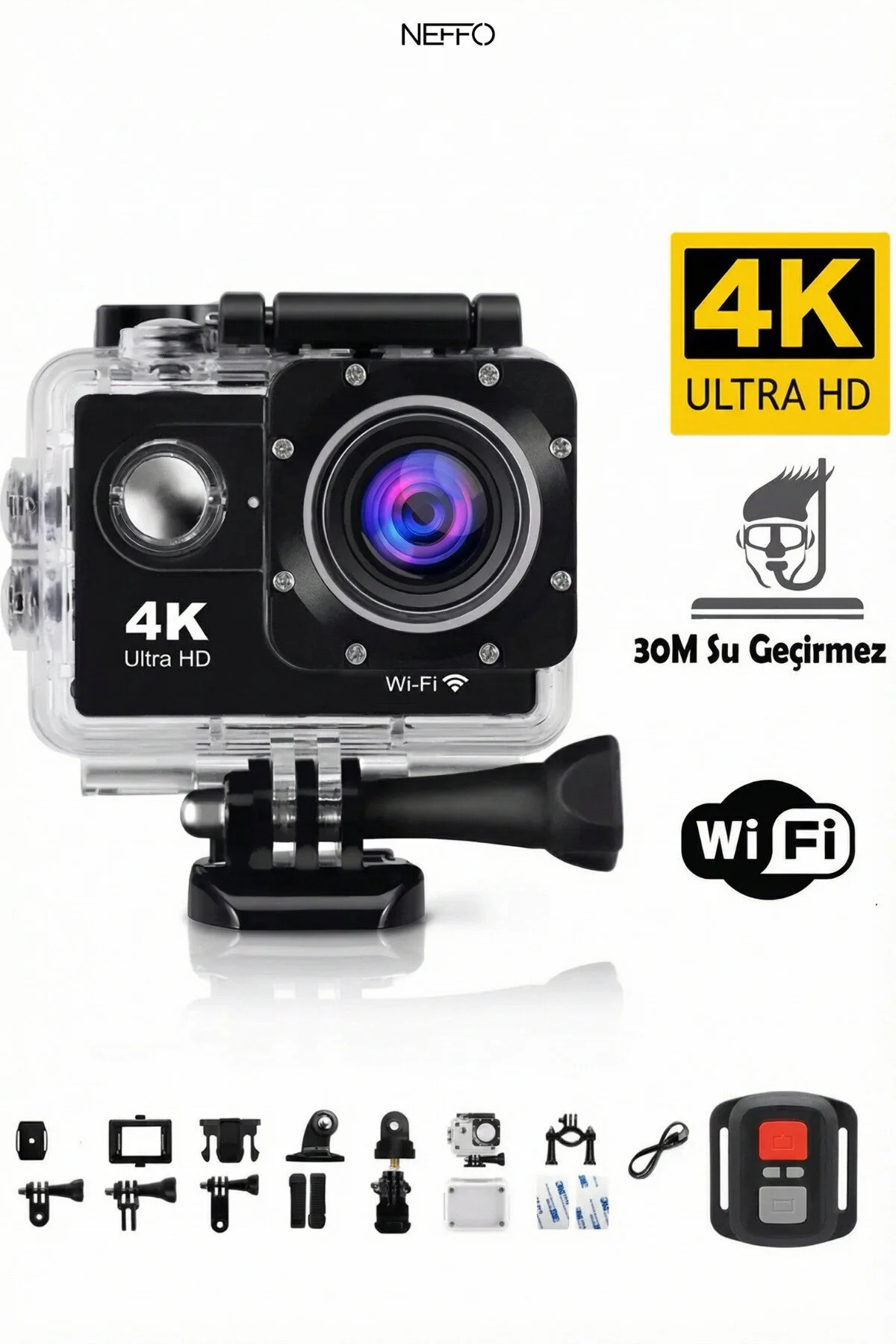 Aksiyon Kamera Kumandalı 4k Ultra Hd 170 Derece Çekim Açısı Wifi Bağlantılı Aksiyon Kamera 4k 30 Fps Siyah