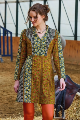 Hakim Yaka Düğme Detaylı Bağlamalı Uzun Kollu Elbise Yeşil