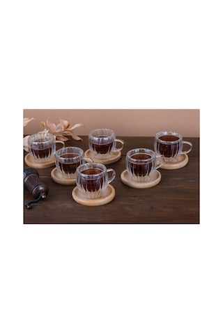 6 Lı Bambu Tabaklı Çift Cidarlı Kahve Fincan Takımı Cidarlı Fincan Seti 80 Ml 12 Parça Şeffaf Şeffaf