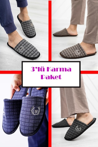 Stwenn 3 Lü Avantajlı Paket Kışlık Peluş Desenli Sessiz Ortopedik Taban Çeyiz Misafir Ev Terliği Set 3'lü Erkek Terlik