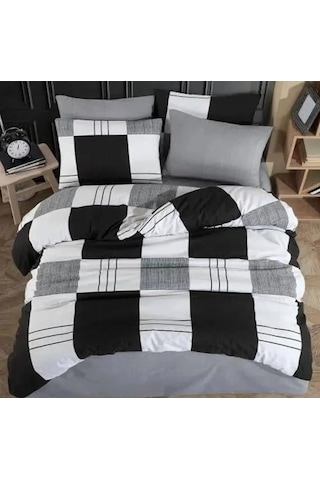 Lüks%80 Pamuklu Çift Kişilik Nevresim Takımı Seti Yorgan Kılıfı Siyah Gri Beyaz Kareli Desen 200x220 Cm + Lastikli Battal Boy Çarşaf 180x200x30 Cm +2 Yastık Kılıflı 50x70 Cm Diğer