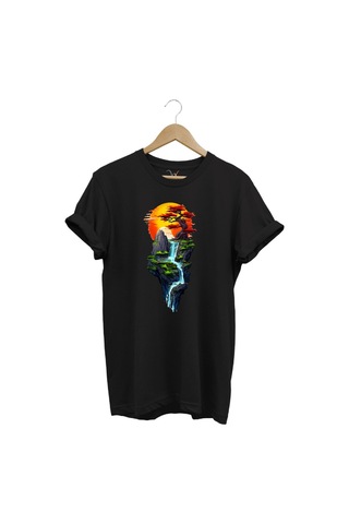 Manzara Ağaç Güneş Dağ Ve Nehir Baskılı %100 Pamuk Regular Fit Bisiklet Yaka Siyah T-shirt Siyah