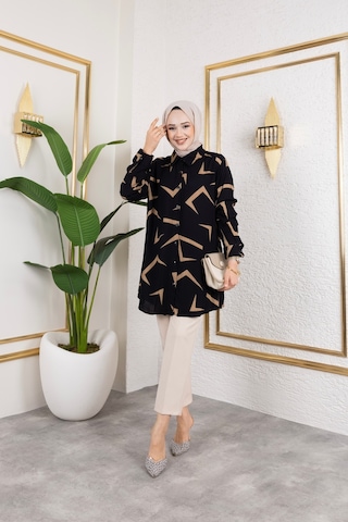 Hira Life Fashion Kadın Tesettür Giyim Ve Spor Giyime Uygun Düğme Detaylı Şık Desenli Dokuma Viskon Gömlek-tunik Siyah 3 Siyah 3