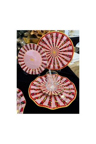 34 Parça 6 Kişilik Yaldız Detaylı Cam Çay Pasta İkram Sunum Takımı Mayonpink Pembe