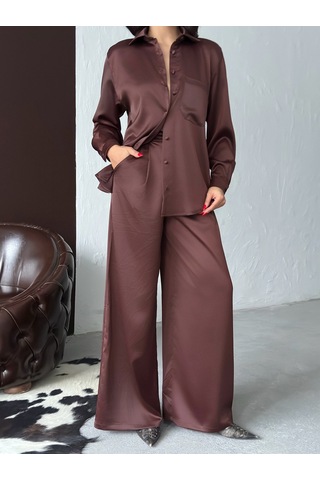 Verymoda Yüksek Bel Bol Paça Saten Pantolon Şık Ve Rahat Tasarım F2052 Kahve