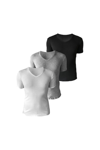 Josejuan 3'lü Erkek Atlet Yarım Kollu V Yaka %100 Pamuk Ribana 3206-siyah - Beyaz - Gri Melanj