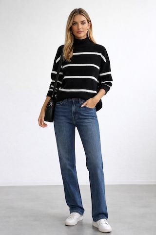 Cloudymood Kadın Çizgili Yarım Balıkçı Oversize Yumuşak Dokulu Triko Kazak Günlük Kullanım Mevsimlik Siyah - 860076631 Siyah