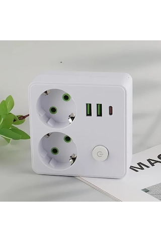 Beyaz 2500w Güç Şeridi Eu Fiş Prizi 2 Soketli Multitap Duvar Tipi Güç Şeridi Uzatma Kablosuz, 2 Usb & 1 Type-c Portlu