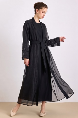 Olcay Kolları Taş Detaylı Organze Abaya Takım Siyah 9449-tk