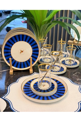 18 Parça Modern Piano Blue Bird Pasta Çay Saati Seti-5548 Lacivert