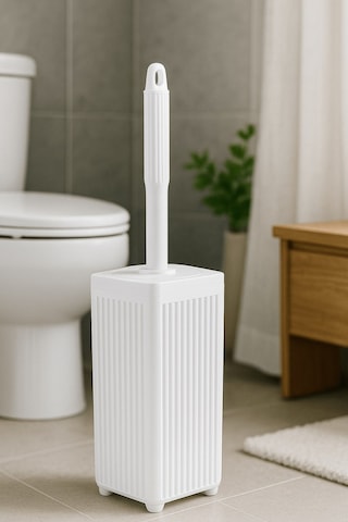 Lines Serisi Beyaz Banyo Seti, 5 Parça Akrilik Kare 5 Litre Çöp Kovası, Sabunluk, Fırçalık Takımı 3462 Beyaz