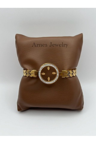 Arnes Jewelry Çelik Çeyrek Altın Takılabilen Kelepçe Bileklik Ar03 Gold