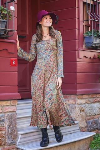 Yeşil Pera Desenli Uzun Kollu Kışlık Patch Elbise 001