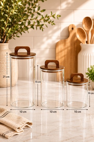 Aria - 3'lü Borosilikat Bambu Kapaklı 1300 - 900 -600 Ml Kavanoz Takımı Düz Kahverengi