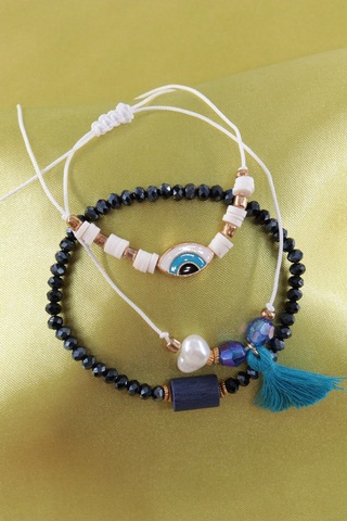 3lü Püsküllü İncili Nazar Boncuklu Asansörlü Bileklik. Lastikli Boncuklu Bileklik. Kadın İp Bileklik Çok Renkli