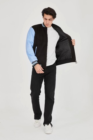 Erkek İçten Elyaf Ve Astarlı Kolları Suni Deri Ceket - Mavi Mavi