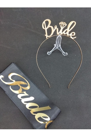 Gold Renk Taç Ve Siyah Kuşak Bride Seti