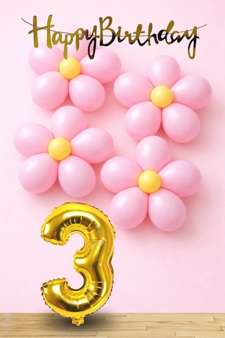 3 Yaş Pembe Sarı Papatya Temalı Gold Rakam Gold Happy Birthday Banner Doğum Günü Süsleme Altın - Pembe