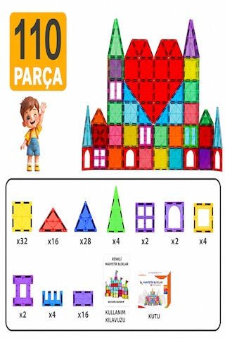 110 Parça 7.5 Cm Büyük Boy Manyetik Blok Seti Güçlü Mıknatıslı Zeka Geliştirici Eğitici Oyuncak