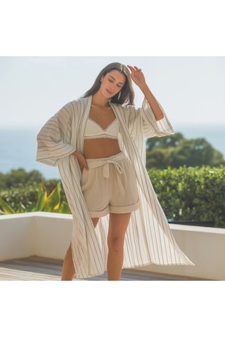 Enhitbaby Udenya Çizgili Oversize Müslin Kimono + Hediye Toka Ekru
