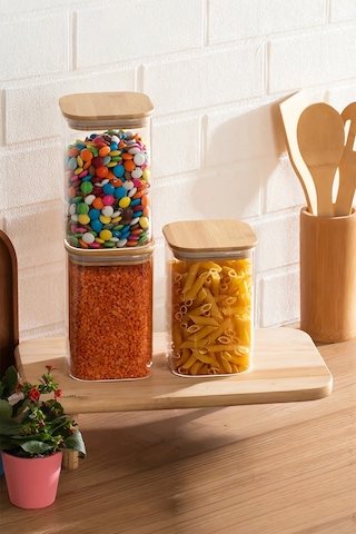 Porsima 6-3 Bambu Vakumlu Kapaklı Kare Borsilikat Cam 3lü Kavanoz Seti Saklama Kabı 1250ml 9,5x15cm Ahşap - Şeffaf