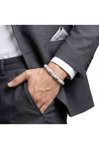 Çelik Halat Ve Ay Taşı Doğaltaş Bileklik 21 Cm Gümüş