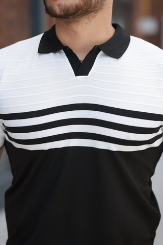 Erkek Çizgi Desenli Yakalı Kısa Kollu T-shirt Siyah