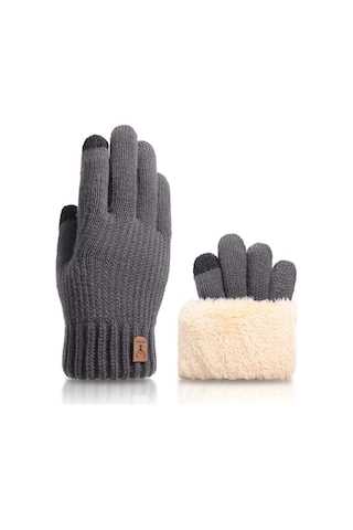 Elmpaly Koyu Gri Kışlık Dokunmatik Eldiven - Erkek & Kadın Sıcak Polar Bisiklet Yürüyüş Koyu Gri