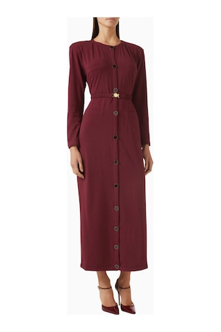 Rowen Rose Belted Cardigan Dress, Lüks Örgü Kumaşlı Kuşaklı Şık Triko Elbise Abiye Bordo 40