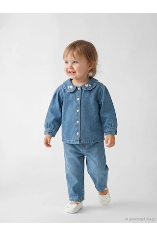 Lc Waikiki Mavi Nakışlı Kız Bebek Jean Gömlek Ve Jean Pantolon